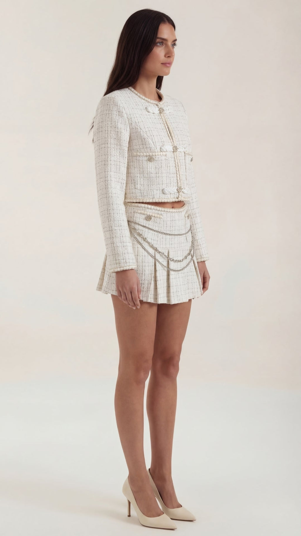 Conjunto Doris de Chaqueta Tweed Corta y Minifalda Plisada