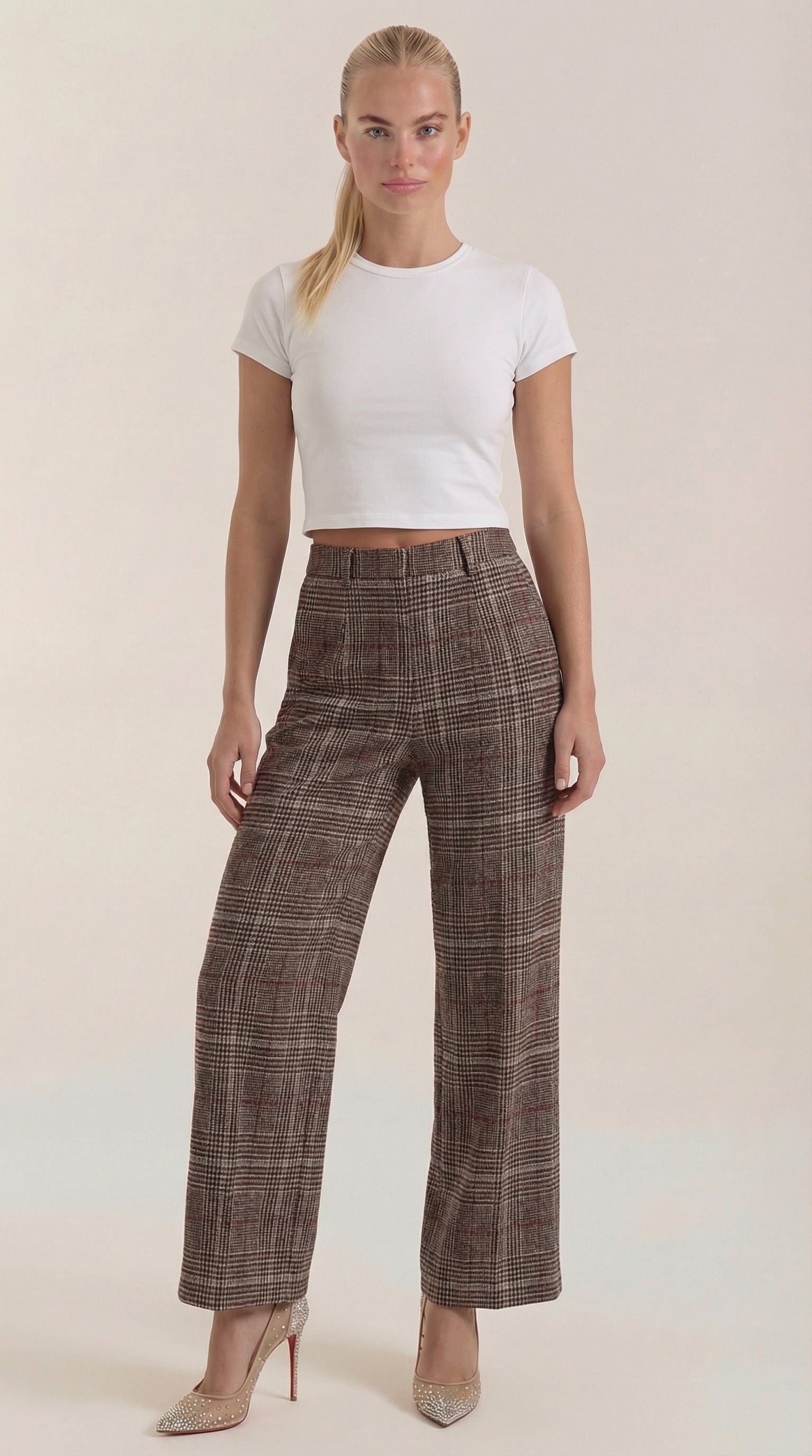 Pantalón Leigh de Cuadros Tiro Alto y Pierna Ancha